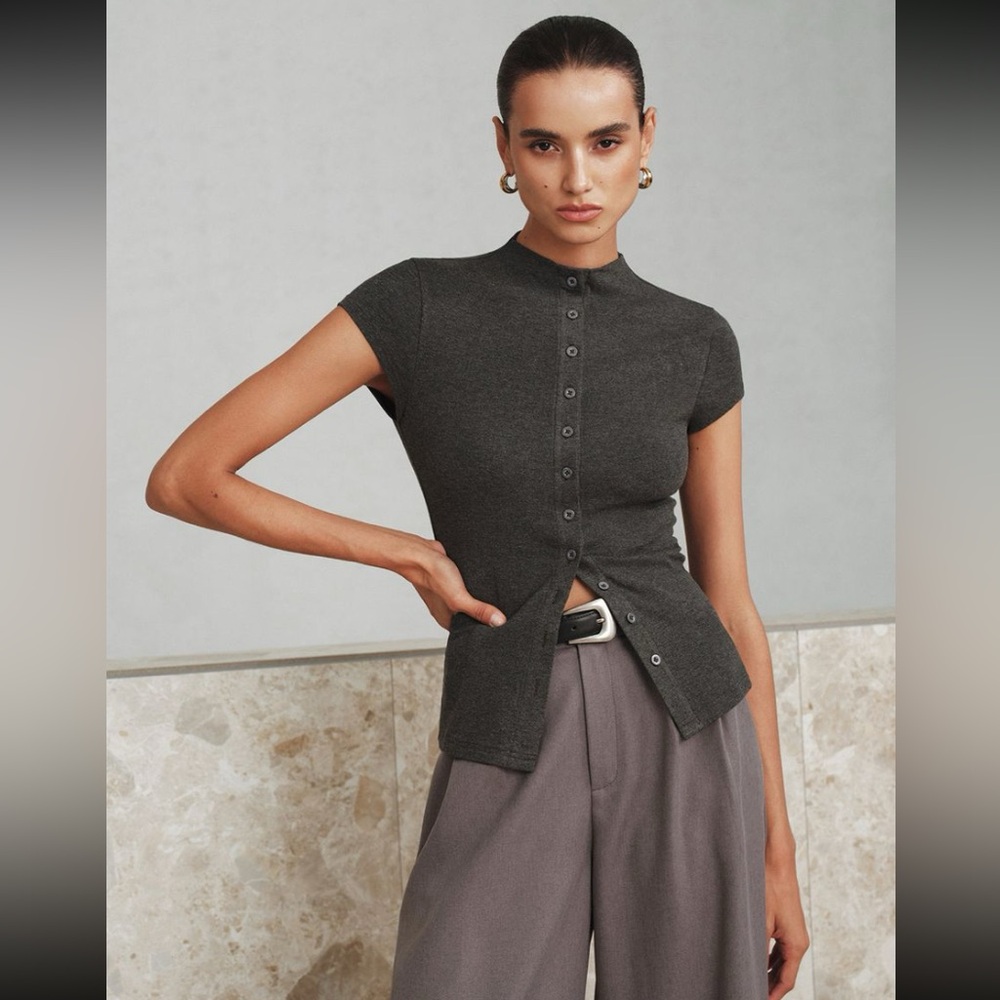 Mock Neck Cap-Sleeve Button T-Shirt